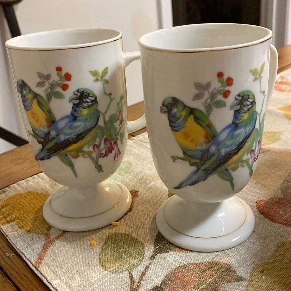 Vintage Royal Crown Blue and Yellow Songbirds Flower Pedestal Mugs. total of 2 - Picture 1 of 3